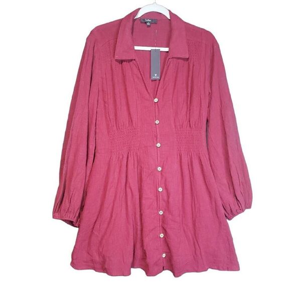 Lulu's Maroon‎ Linen Blend Collared Dress Size Large Pockets - Picture 1 of 11